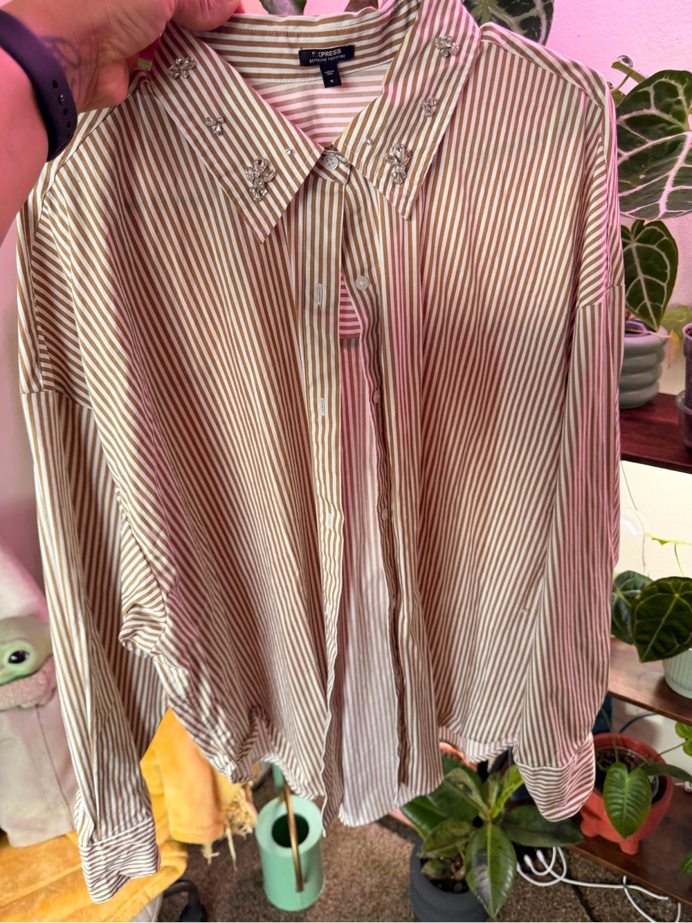 J. Crew Brown and White Striped Button-Down Shirt with Collar Embellishments